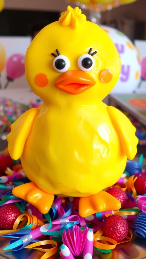 A cheerful duck mascot treat with yellow icing and orange accents on a festive platter.
